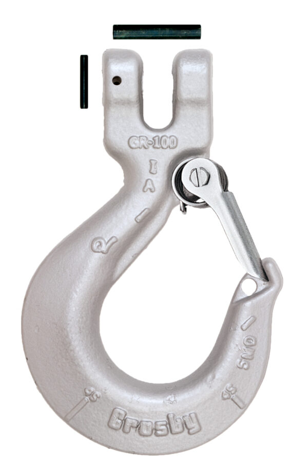 Steel lifting hook with latch and pins on white background. Ideal for heavy-duty industrial applications and rigging.