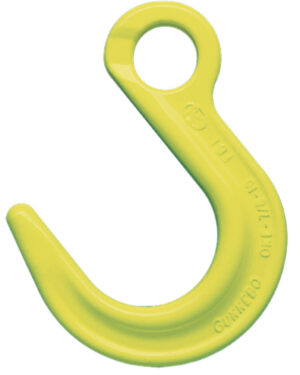 Yellow metal lifting hook with a circular eye, suitable for industrial and construction use.