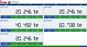 Screenshot of digital load indicators showing various weights in tonnes with Gross, Low, and High alerts.