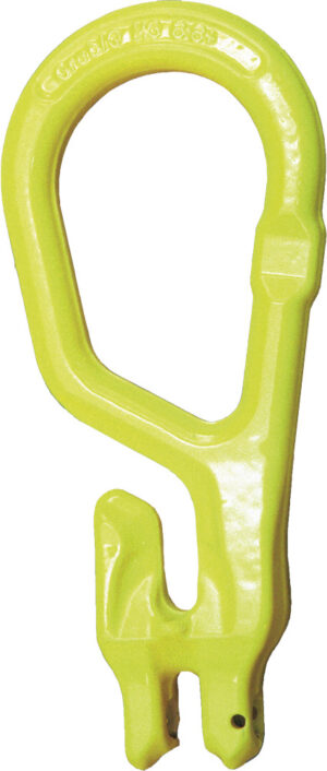 Yellow industrial connector hook used for lifting and securing heavy equipment.