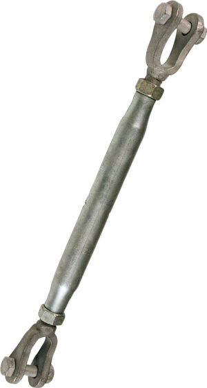 Metal turnbuckle with U-joints and threaded ends for tension adjustment, isolated on white background.