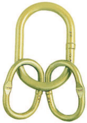 Gold lifting ring assembly with three interconnected rings for industrial use.