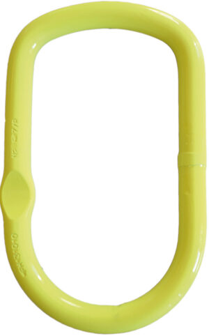 Yellow oval-shaped metal ring, isolated on a white background, ideal for industrial lifting and rigging applications.