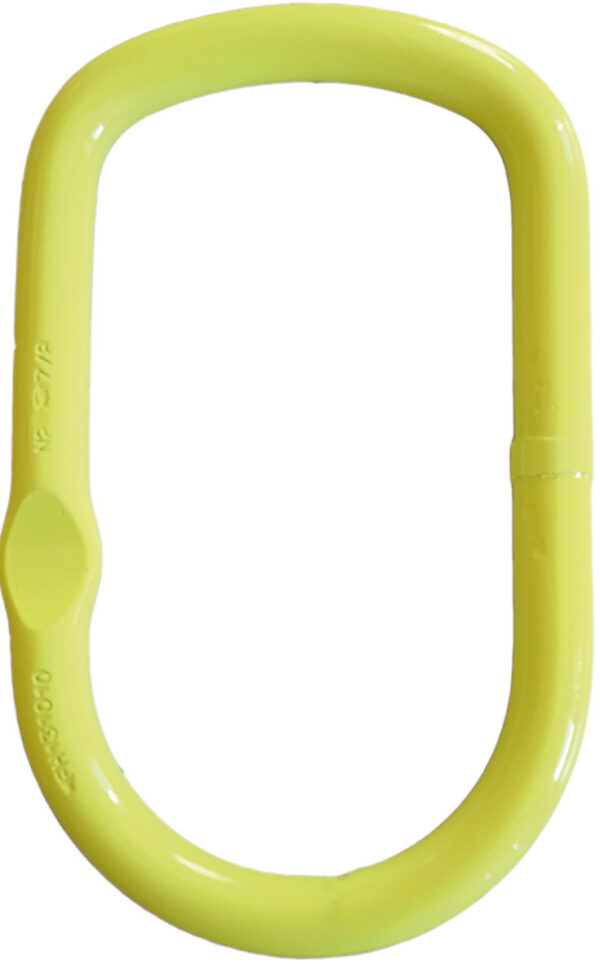 Yellow oval-shaped metal ring, isolated on a white background, ideal for industrial lifting and rigging applications.