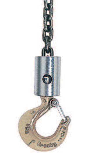Heavy-duty metal lifting hook with chain for industrial use.