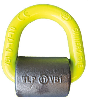 Yellow lifting eye bolt with brand markings, suited for heavy-duty industrial rigging and lifting applications.