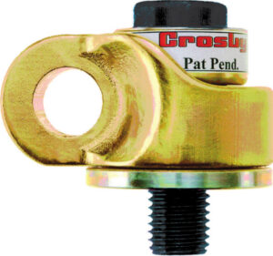 Golden lifting eye bolt with threaded end, labeled Crosby Pat Pend, for secure industrial rigging applications.