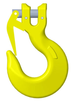 Yellow safety lifting hook for cranes with latch, isolated on white background. Durable industrial equipment.