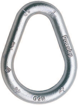 Metal pear-shaped link with engravings for heavy-duty lifting and rigging applications by Crosby.