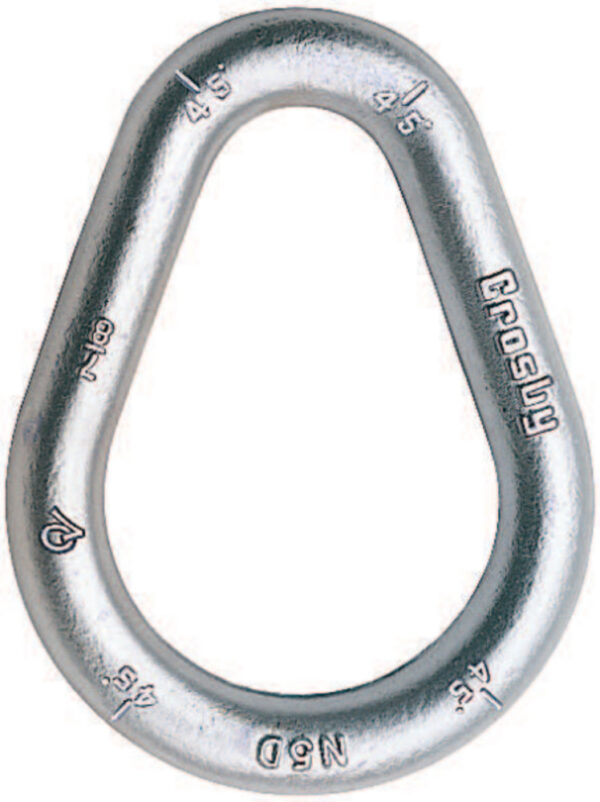 Metal pear-shaped link with engravings for heavy-duty lifting and rigging applications by Crosby.