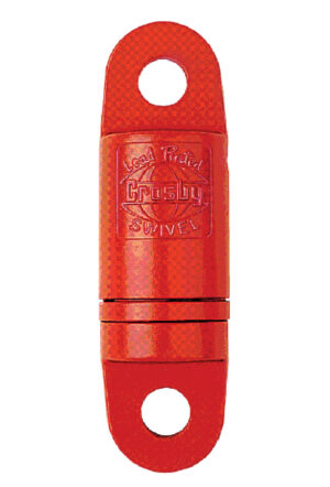 Red load-rated Crosby swivel for lifting and rigging applications.