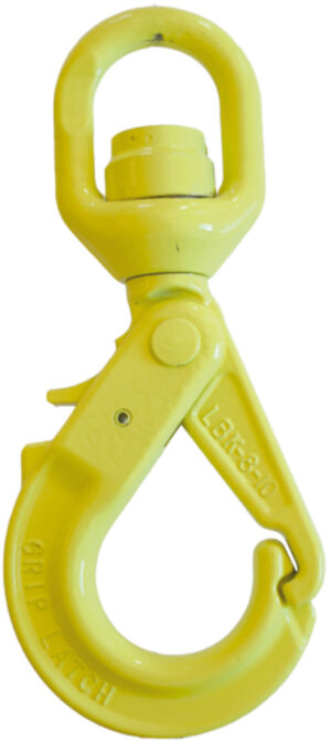 Yellow swivel hook with grip latch, designed for heavy lifting and secure attachment in industrial applications.