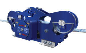 Blue industrial load monitoring device with cable, featuring Crosby branding.