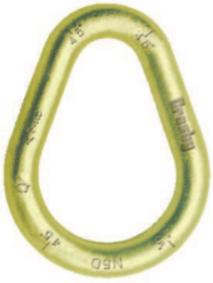 Golden pear-shaped metal link for lifting and rigging applications.