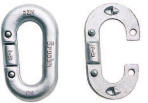 Two metal connecting links, one complete and one open, for industrial or construction use.