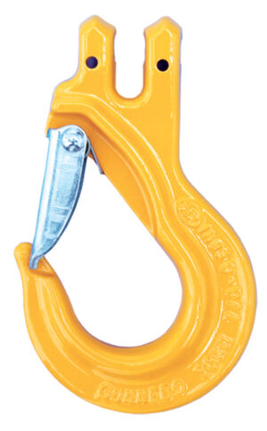 Yellow heavy-duty lifting hook with safety latch for secure industrial use.