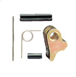 Gun trigger assembly parts including springs and metal components on white background.