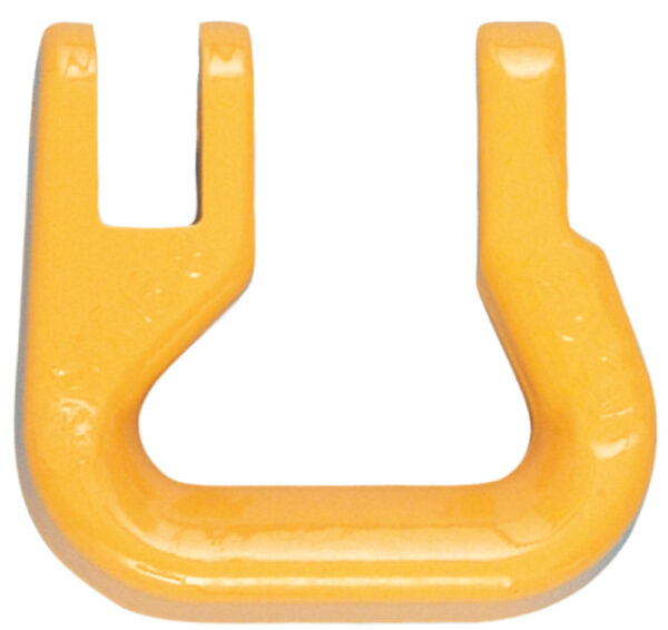 Yellow metal clevis grab hook isolated on white background.