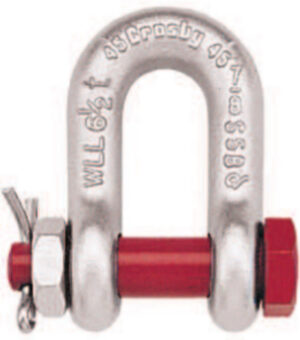 Steel shackle with red pin, marked WLL 6 1/2 ton, used for lifting and rigging applications.