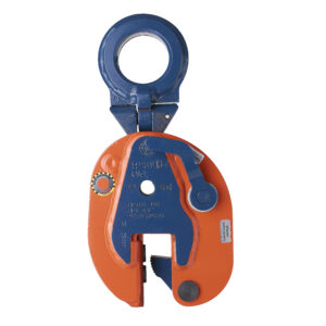 Orange industrial lifting clamp against a white background, showing metal construction and blue accents.