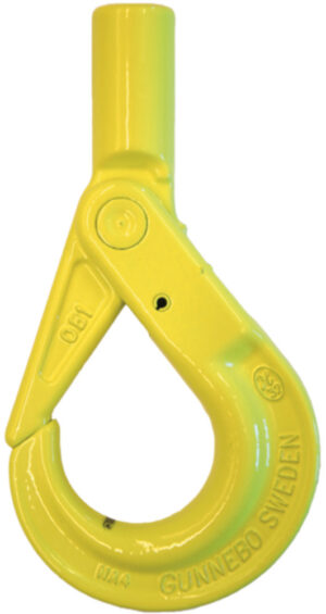 Yellow Gunnebo Sweden lifting hook with latch for industrial use.