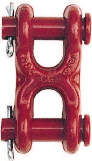 Red double clevis link with secure pins, used for connecting chains or lifting equipment in industrial settings.