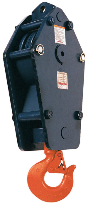 Heavy-duty industrial pulley block with red lifting hook for efficient material handling.