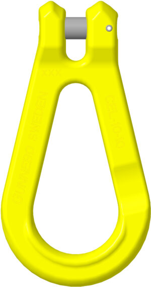 Bright yellow lifting hook, GUNNEBO Sweden, CEL 10-10, industrial rigging equipment.
