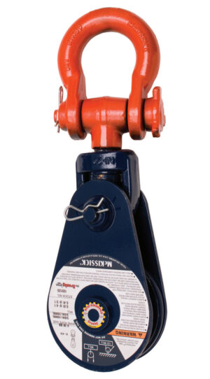 Heavy-duty red and blue block and tackle pulley with labeled specifications for industrial lifting.