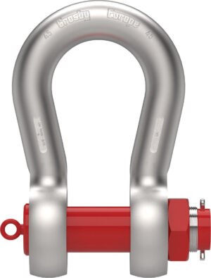 Heavy-duty metal shackle with red safety pin for lifting and rigging applications.