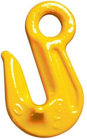 Yellow towing hook isolated on white background, used for heavy-duty lifting and securing loads.