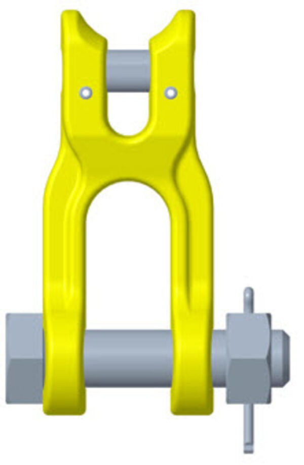 Yellow metal clevis with pin and lock, designed for secure lifting and rigging applications.