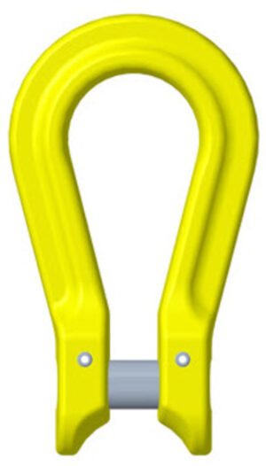 Yellow heavy-duty hook with metal pin, ideal for industrial lifting and securing applications.