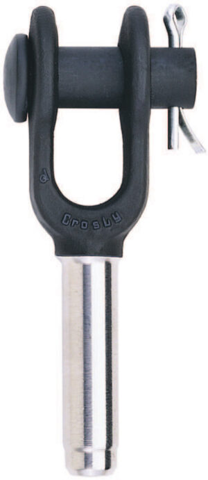 Industrial shackle with pin, used for lifting and rigging applications. Black and silver design for enhanced durability.
