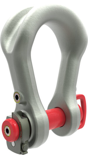 Heavy-duty metal shackle for secure lifting and rigging applications, featuring a robust design and red pin.