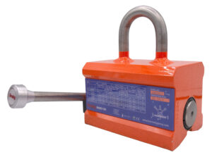 Orange industrial lifting magnet with handle and product label, used for heavy-duty material handling operations.