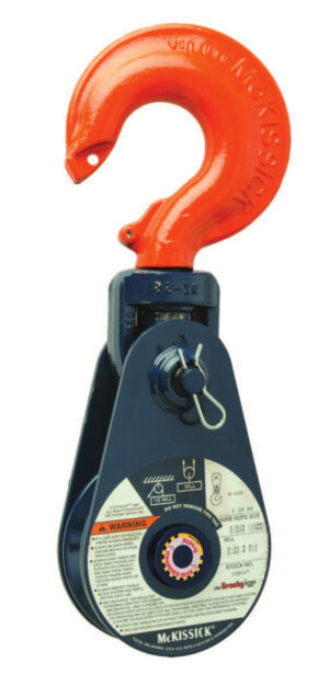 Heavy-duty industrial lifting hook with safety instructions and warning labels.