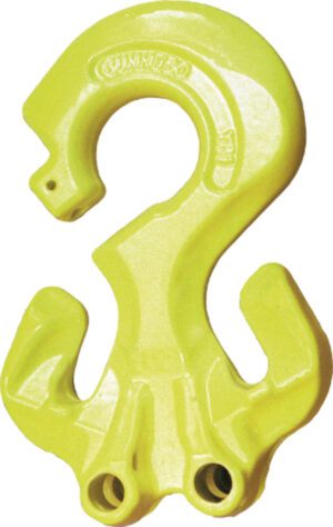 Bright yellow industrial lifting hook with a unique design for heavy-duty applications.