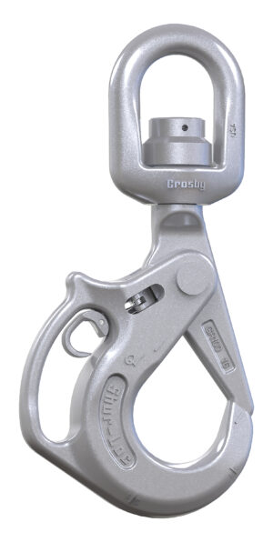 Heavy-duty steel safety hook for industrial lifting applications, featuring a secure latch and durable construction.