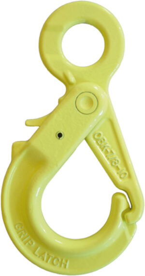 Yellow industrial lifting hook with grip latch, ideal for heavy-duty lifting applications and secure load handling.