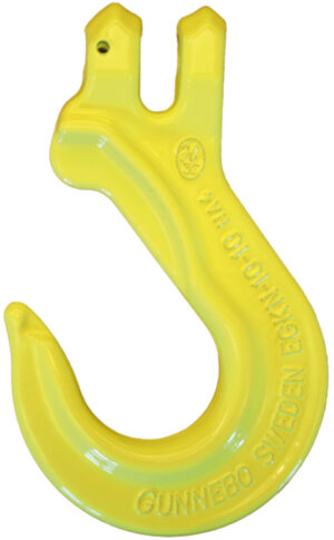 Yellow industrial lifting hook for heavy-duty applications, marked Gunnebo Sweden.