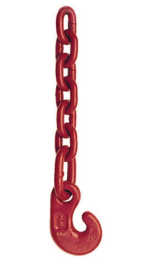 Red metal chain with a durable hook for heavy lifting equipment.