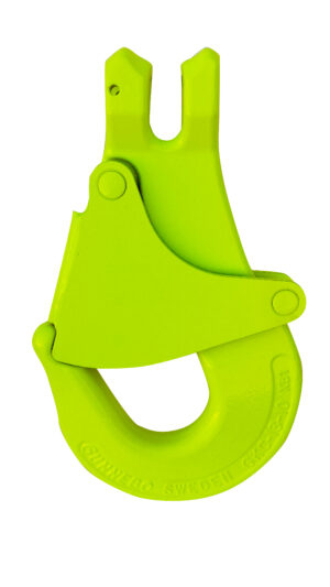 Bright green industrial lifting hook for heavy-duty equipment.