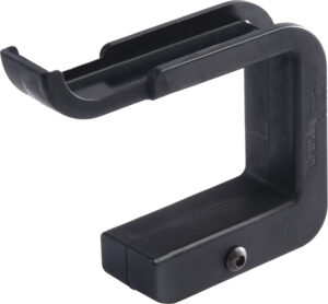 Black plastic vehicle cup holder with a U-shaped design for convenient drink placement.