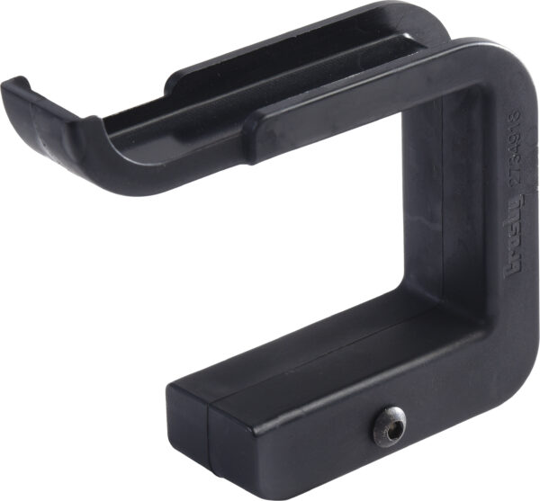 Black plastic vehicle cup holder with a U-shaped design for convenient drink placement.