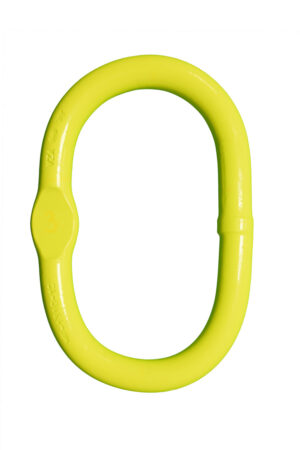 Bright yellow oval metal safety shackle isolated on white background.