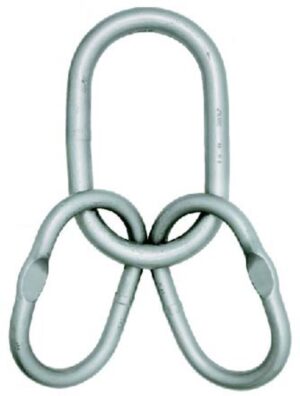 Heavy-duty metal lifting link assembly with three interconnected oval links for industrial hoisting and rigging.
