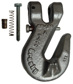 Steel hook with spring, pin, and sleeve components, ideal for rigging and lifting applications.