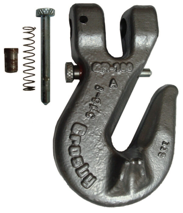 Steel hook with spring, pin, and sleeve components, ideal for rigging and lifting applications.