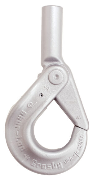Industrial lifting hook for heavy-duty applications, featuring sturdy metal construction and secure locking mechanism.